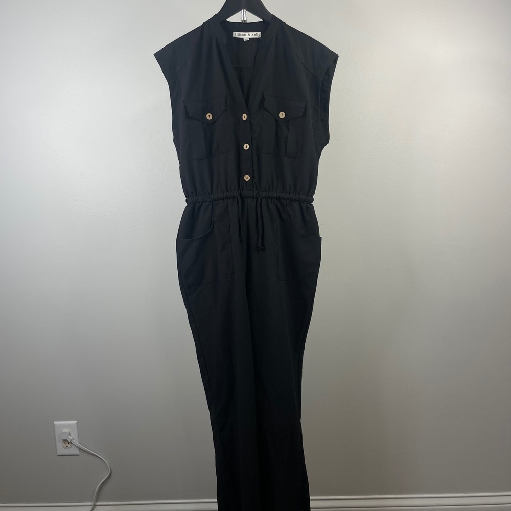 Allison & Kelly Black Sleeveless Utility Jumpsuit Button Front Drawstring Small